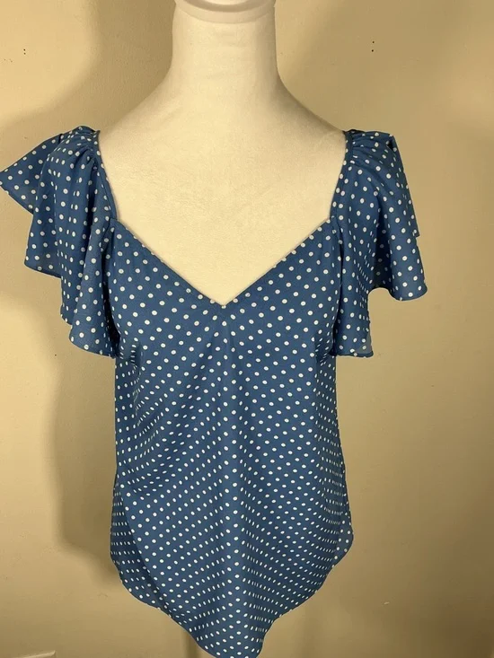 kate spade Blue White Polka Dot Ruffle Sleeve Top Size XS Feminine - Picture 3 of 8